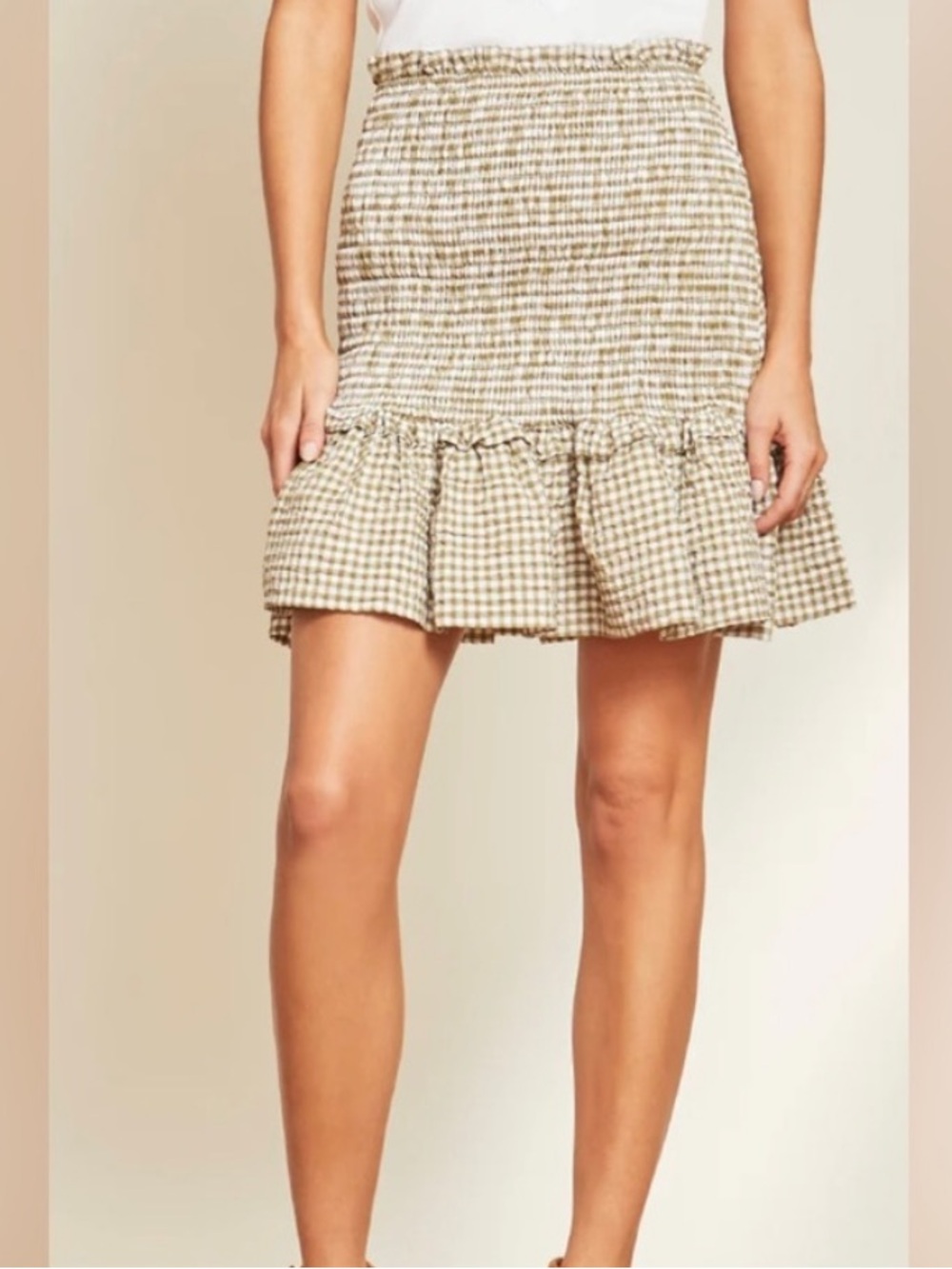 Veronica Beard Aloya Gingham Smocked Olive White Ruffle Mini Skirt Size M